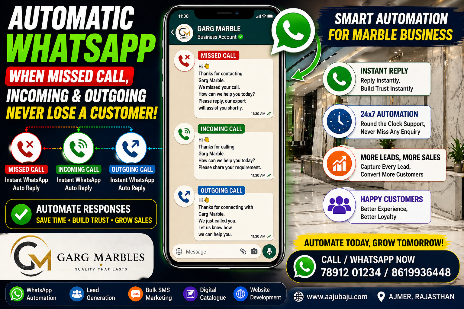 “WhatsApp automation for marble business showing auto reply for missed, incoming and outgoing calls with lead generation and business growth system”