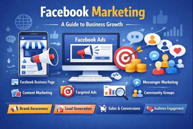 Facebook marketing infographic showing Facebook business page, content marketing, targeted ads, messenger marketing, community groups, and analytics for business growth.
