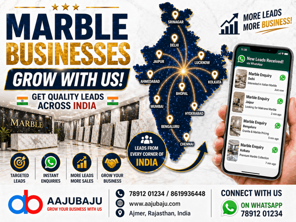 Marble business lead generation system showing WhatsApp enquiries, India map coverage and digital marketing for marble businesses